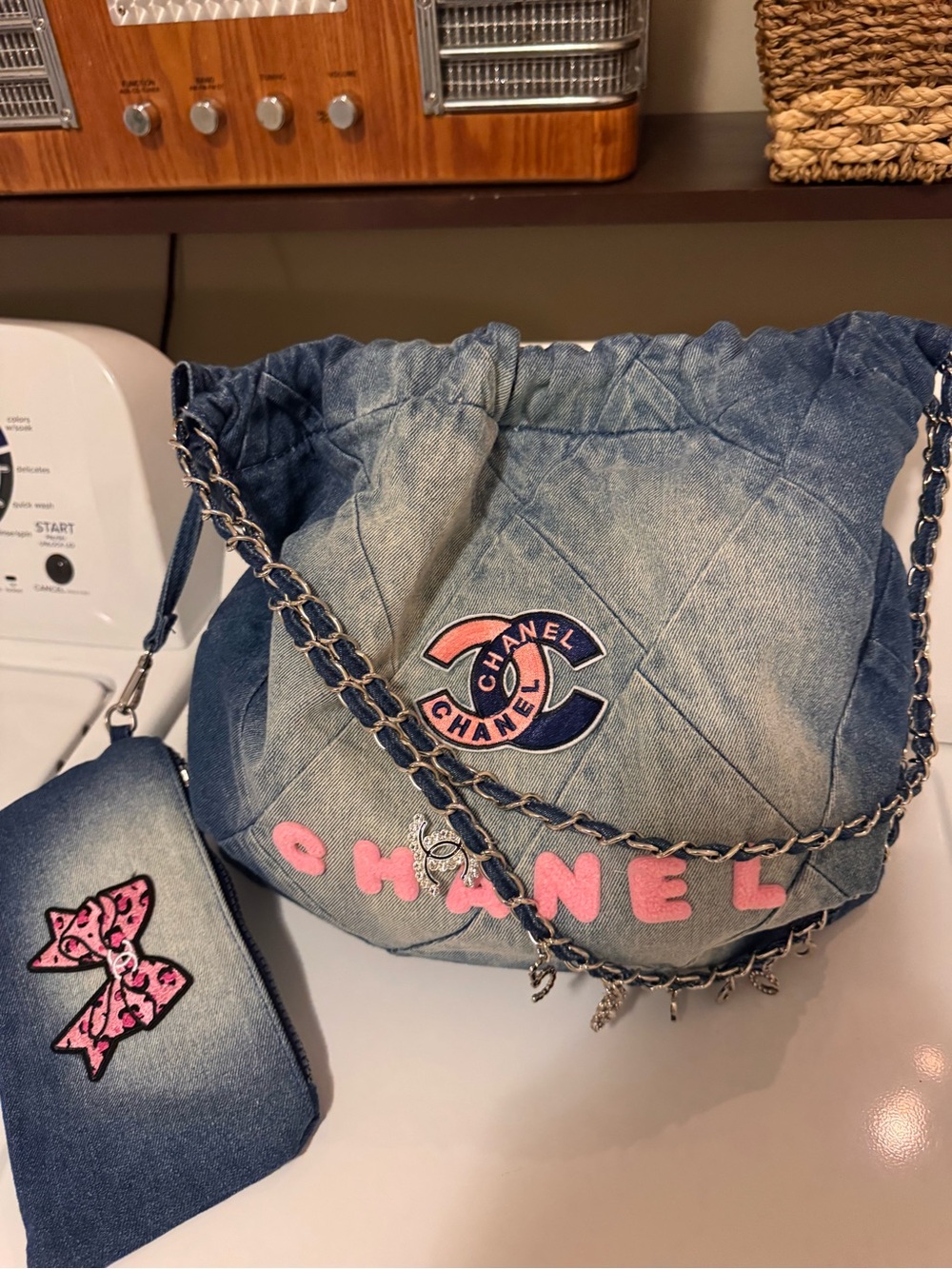 Chanel Denim Quilted Shoulder Bag with Pink Accents